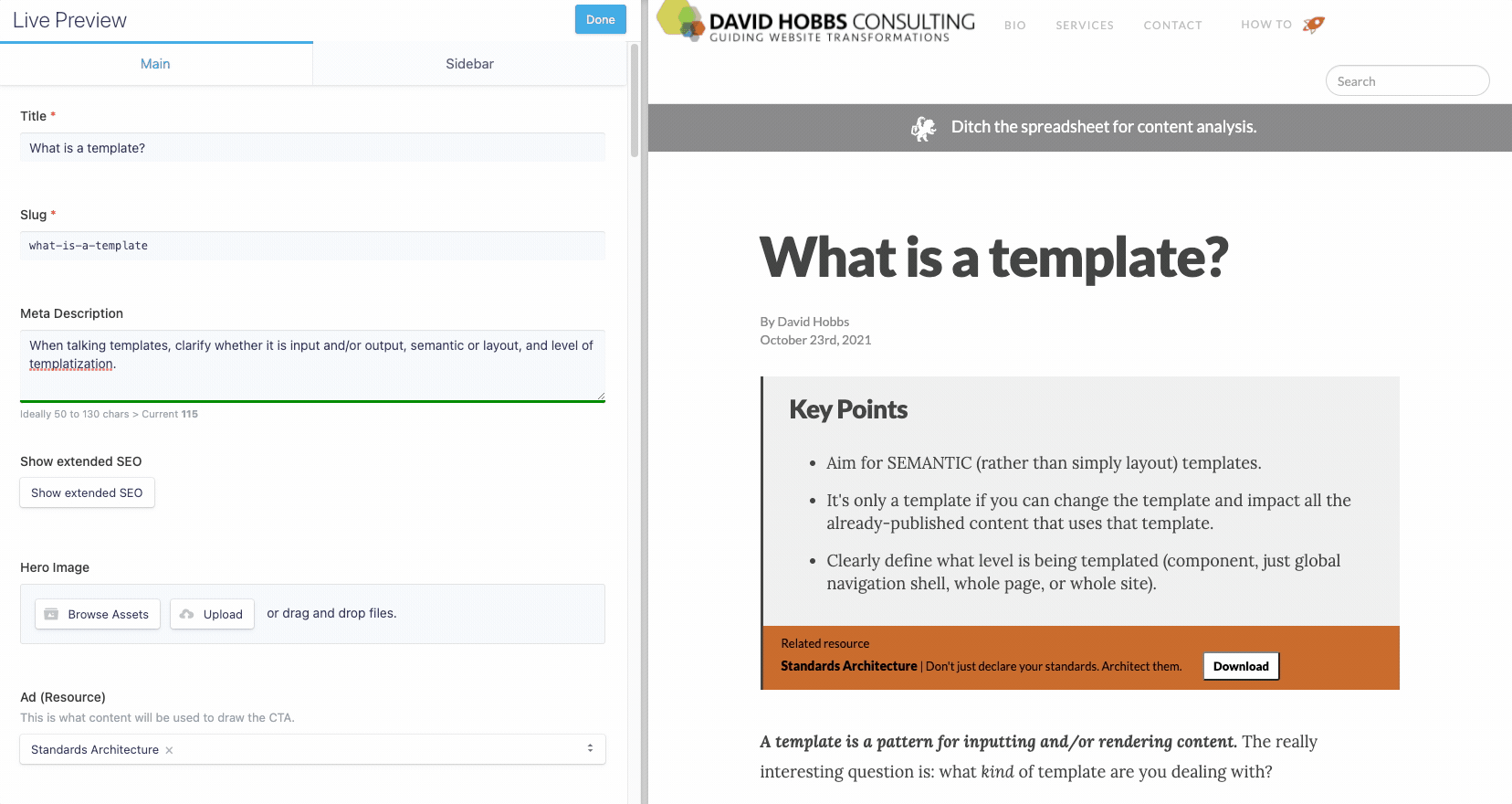 Example input template on the left, rendering of output template on the right
