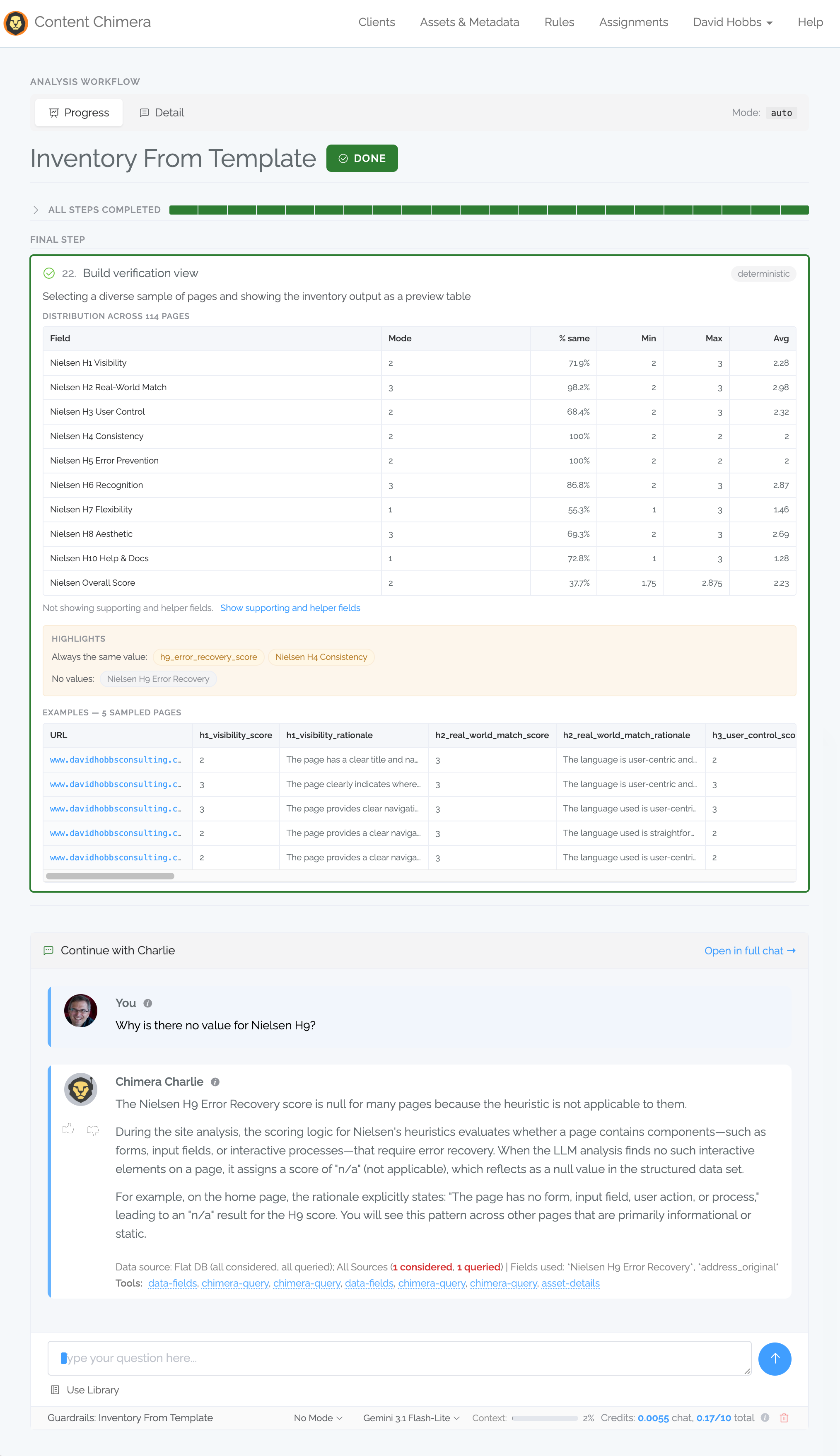 Scaling with a workflow: a single button kicks off crawling, scraping, focused LLM passes, and summary generation—then the user drops back into chat to ask why one value is missing.